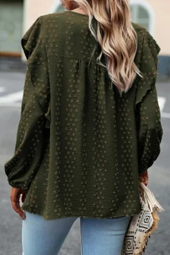 Best Dear-Lover Lace Eyelet Ruffle Shoulder Long Sleeve Blouse Blackish Green