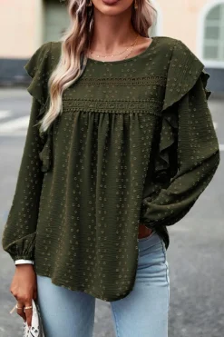 Best Dear-Lover Lace Eyelet Ruffle Shoulder Long Sleeve Blouse Blackish Green
