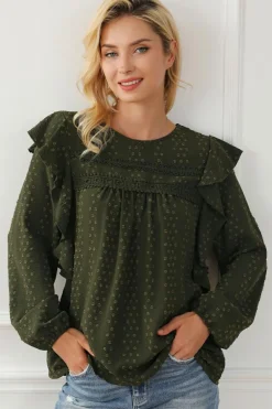 Best Dear-Lover Lace Eyelet Ruffle Shoulder Long Sleeve Blouse Blackish Green