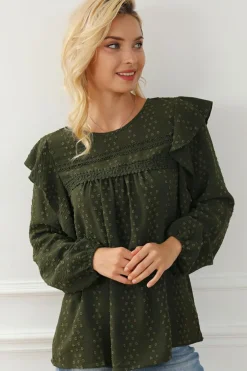 Best Dear-Lover Lace Eyelet Ruffle Shoulder Long Sleeve Blouse Blackish Green
