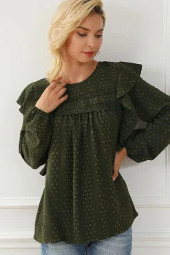 Best Dear-Lover Lace Eyelet Ruffle Shoulder Long Sleeve Blouse Blackish Green