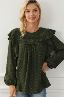 Best Dear-Lover Lace Eyelet Ruffle Shoulder Long Sleeve Blouse Blackish Green