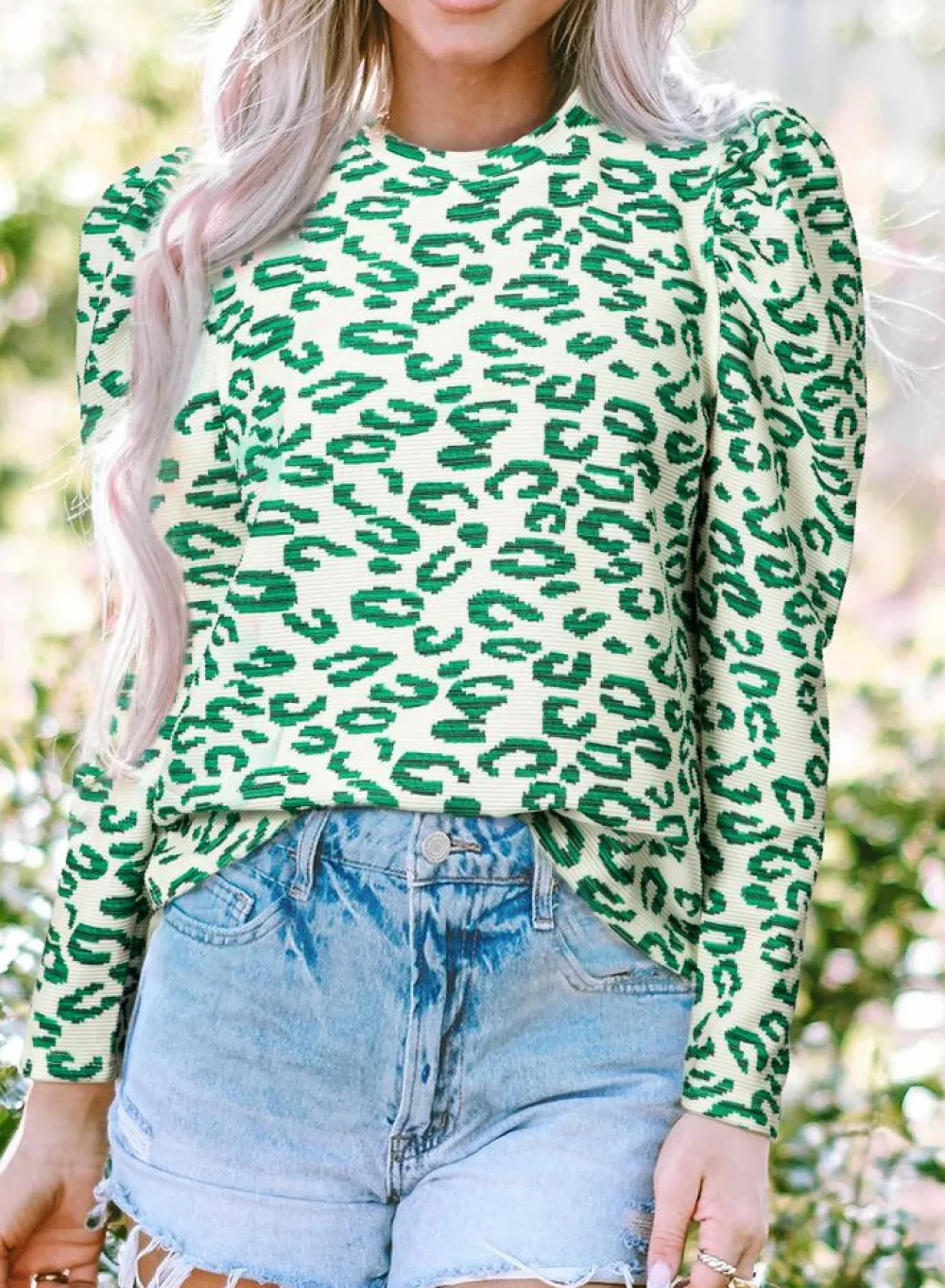 Best Dear-Lover Leopard Print Mock Neck Puff Sleeve Top Blackish Green