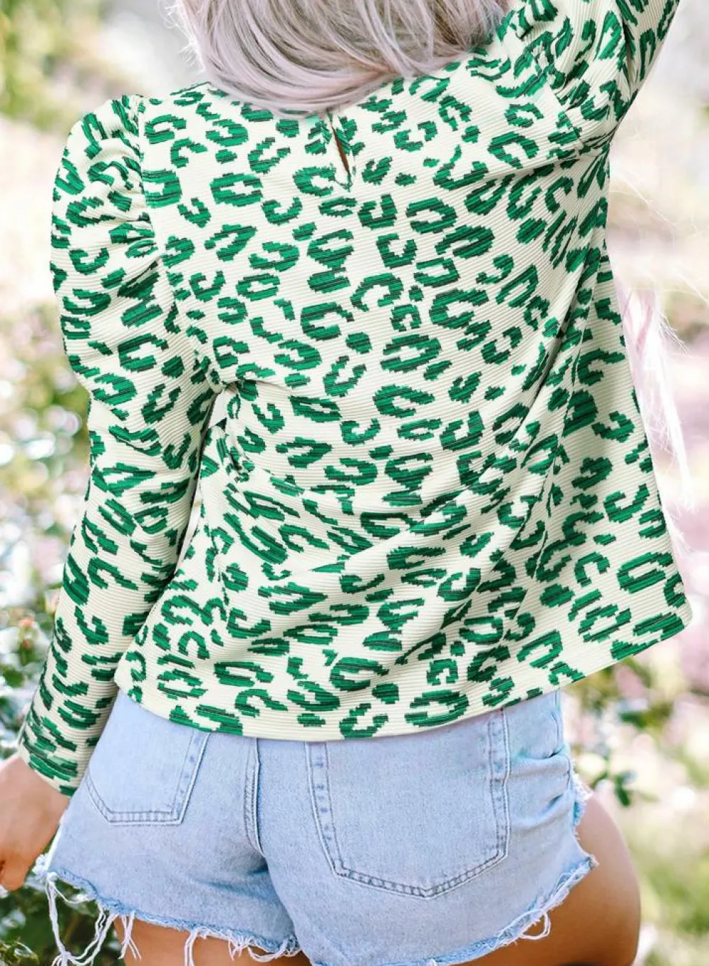 Best Dear-Lover Leopard Print Mock Neck Puff Sleeve Top Blackish Green