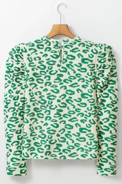 Best Dear-Lover Leopard Print Mock Neck Puff Sleeve Top Blackish Green