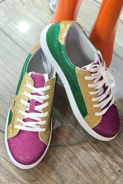 Fashion Dear-Lover Mardi Gras Triple Color Sequin Lace up Flat Shoes Blackish Green