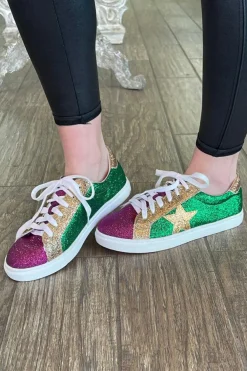 Fashion Dear-Lover Mardi Gras Triple Color Sequin Lace up Flat Shoes Blackish Green