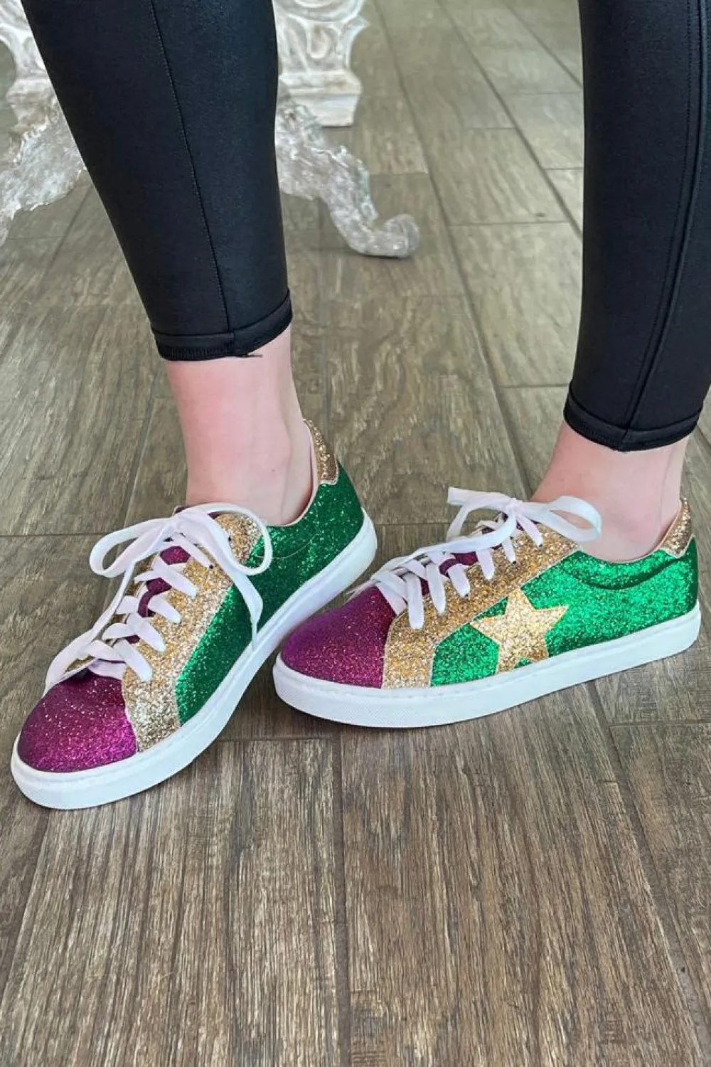 Fashion Dear-Lover Mardi Gras Triple Color Sequin Lace up Flat Shoes Blackish Green