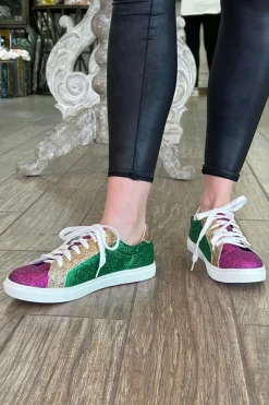Fashion Dear-Lover Mardi Gras Triple Color Sequin Lace up Flat Shoes Blackish Green