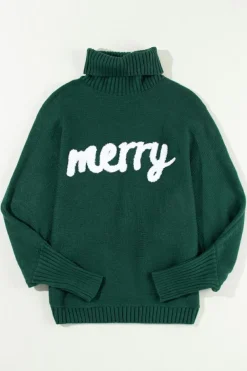 Discount Dear-Lover Merry Letter Embroidered High Neck Sweater Blackish Green