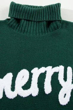 Discount Dear-Lover Merry Letter Embroidered High Neck Sweater Blackish Green