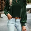 Hot Dear-Lover Mock Neck Puff Sleeve Velvet Blouse Blackish Green