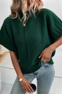 Best Dear-Lover Mock Neck Batwing Short Sleeve Knit Sweater Blackish Green