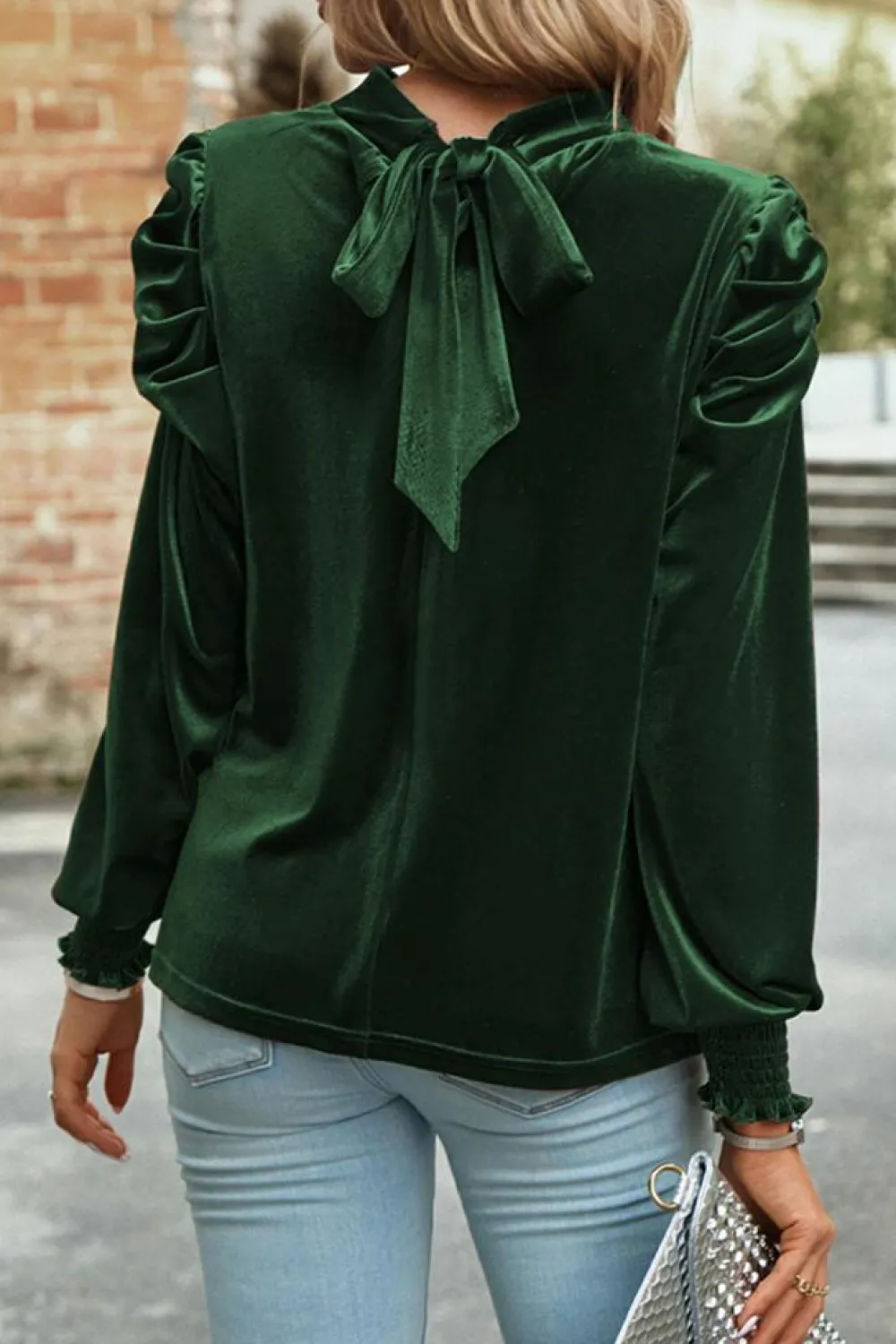 Hot Dear-Lover Mock Neck Puff Sleeve Velvet Blouse Blackish Green
