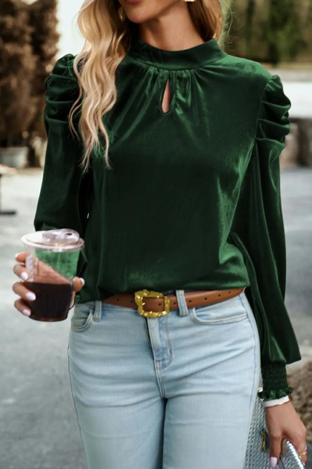 Hot Dear-Lover Mock Neck Puff Sleeve Velvet Blouse Blackish Green