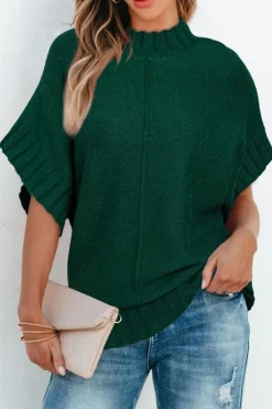 Best Dear-Lover Mock Neck Batwing Short Sleeve Knit Sweater Blackish Green