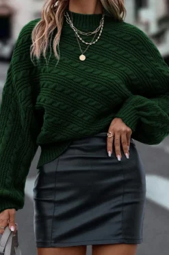 Best Dear-Lover Mock Neck Lantern Sleeve Cable Knit Sweater Blackish Green