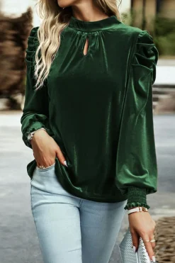 Hot Dear-Lover Mock Neck Puff Sleeve Velvet Blouse Blackish Green