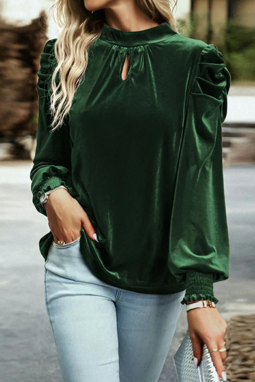 Hot Dear-Lover Mock Neck Puff Sleeve Velvet Blouse Blackish Green