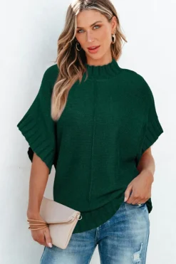 Best Dear-Lover Mock Neck Batwing Short Sleeve Knit Sweater Blackish Green