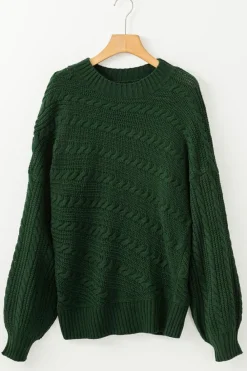 Best Dear-Lover Mock Neck Lantern Sleeve Cable Knit Sweater Blackish Green