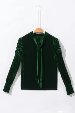 Hot Dear-Lover Mock Neck Puff Sleeve Velvet Blouse Blackish Green