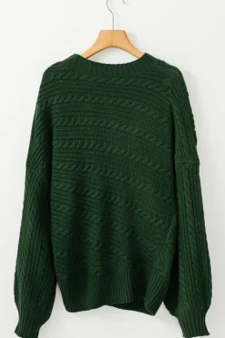 Best Dear-Lover Mock Neck Lantern Sleeve Cable Knit Sweater Blackish Green