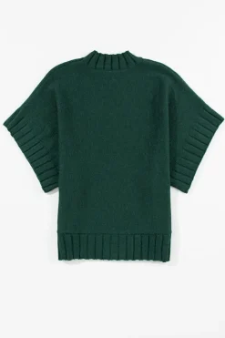 Best Dear-Lover Mock Neck Batwing Short Sleeve Knit Sweater Blackish Green