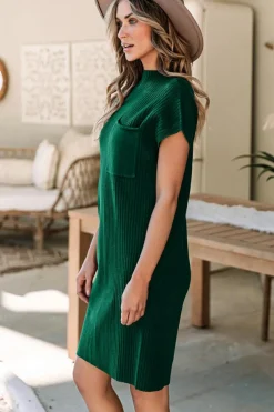 Clearance Dear-Lover Patch Pocket Ribbed Knit Short Sleeve Sweater Dress Blackish Green