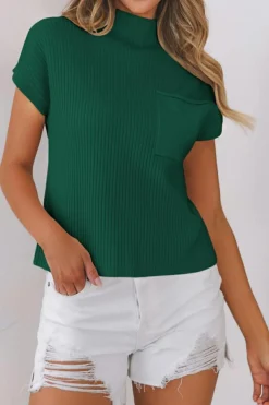 New Dear-Lover Patch Pocket Ribbed Knit Short Sleeve Sweater Blackish Green