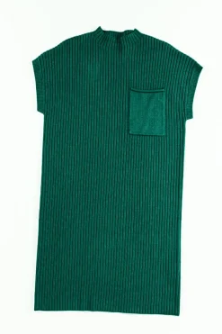 Clearance Dear-Lover Patch Pocket Ribbed Knit Short Sleeve Sweater Dress Blackish Green