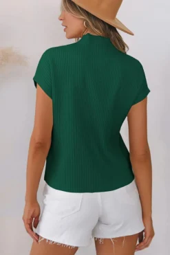 New Dear-Lover Patch Pocket Ribbed Knit Short Sleeve Sweater Blackish Green