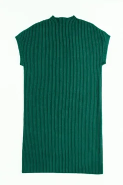 Clearance Dear-Lover Patch Pocket Ribbed Knit Short Sleeve Sweater Dress Blackish Green