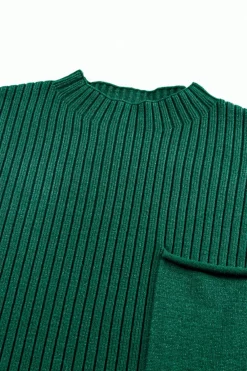 Clearance Dear-Lover Patch Pocket Ribbed Knit Short Sleeve Sweater Dress Blackish Green