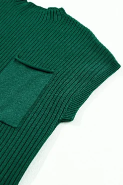 Clearance Dear-Lover Patch Pocket Ribbed Knit Short Sleeve Sweater Dress Blackish Green