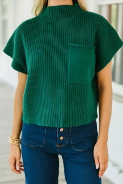 New Dear-Lover Patch Pocket Ribbed Knit Short Sleeve Sweater Blackish Green