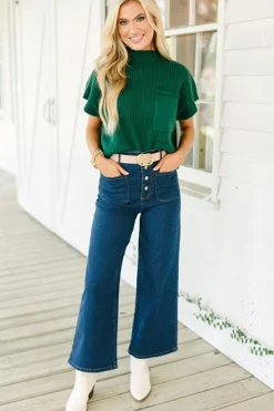New Dear-Lover Patch Pocket Ribbed Knit Short Sleeve Sweater Blackish Green