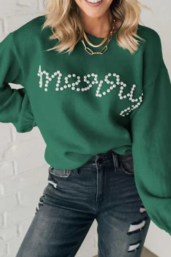 Outlet Dear-Lover Pearl Beaded Merry Casual Sweater Blackish Green