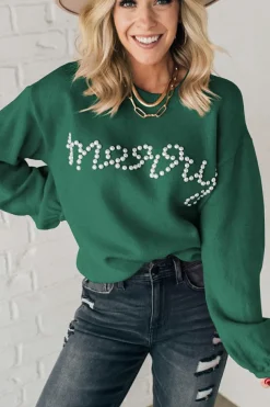Outlet Dear-Lover Pearl Beaded Merry Casual Sweater Blackish Green