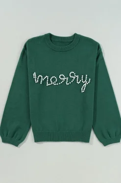 Outlet Dear-Lover Pearl Beaded Merry Casual Sweater Blackish Green