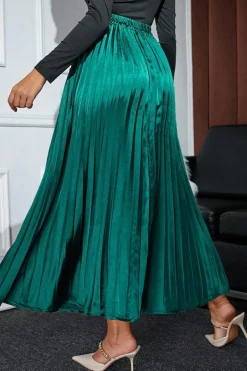 Best Dear-Lover Satin Elastic Waist Pleated Maxi Skirt Blackish Green