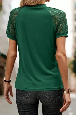 Best Dear-Lover Seamed Detail Contrast Lace Raglan Sleeve Tee Blackish Green