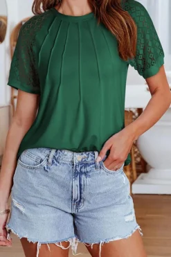 Best Dear-Lover Seamed Detail Contrast Lace Raglan Sleeve Tee Blackish Green