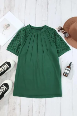 Best Dear-Lover Seamed Detail Contrast Lace Raglan Sleeve Tee Blackish Green