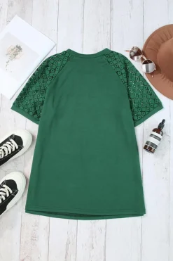 Best Dear-Lover Seamed Detail Contrast Lace Raglan Sleeve Tee Blackish Green