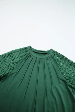 Best Dear-Lover Seamed Detail Contrast Lace Raglan Sleeve Tee Blackish Green