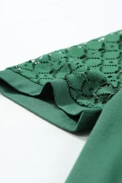 Best Dear-Lover Seamed Detail Contrast Lace Raglan Sleeve Tee Blackish Green