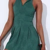 Fashion Dear-Lover Sleeveless V Neck Shirt Collar Sports Mini Dress Blackish Green