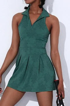 Fashion Dear-Lover Sleeveless V Neck Shirt Collar Sports Mini Dress Blackish Green
