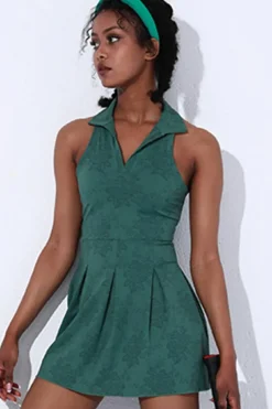 Fashion Dear-Lover Sleeveless V Neck Shirt Collar Sports Mini Dress Blackish Green